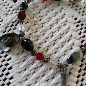Elegant Red and Silver Beaded Bracelet With Charms HORSE COWGIRL BOOTS  Hat.
